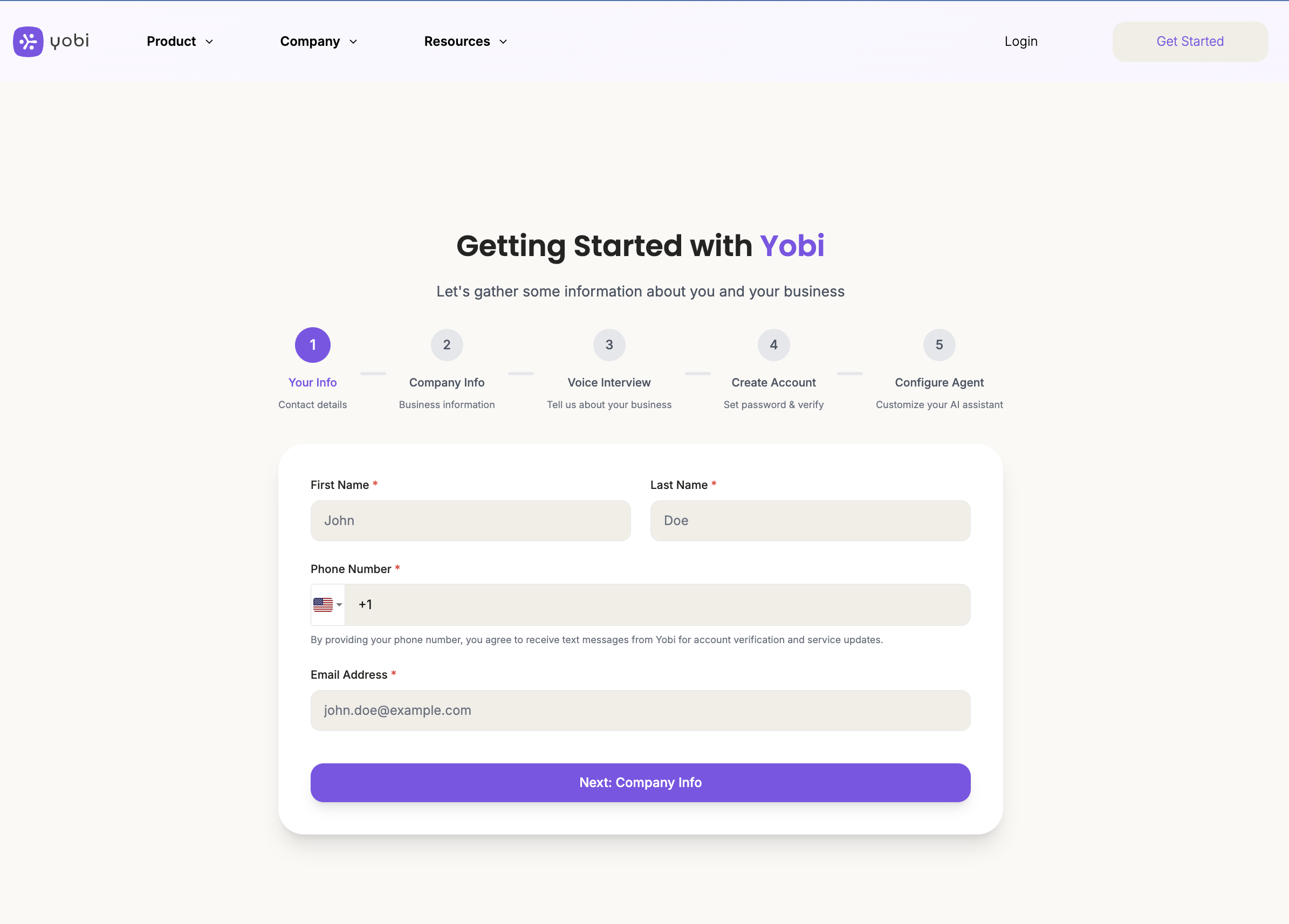 Personal information form with fields for name, phone, and email