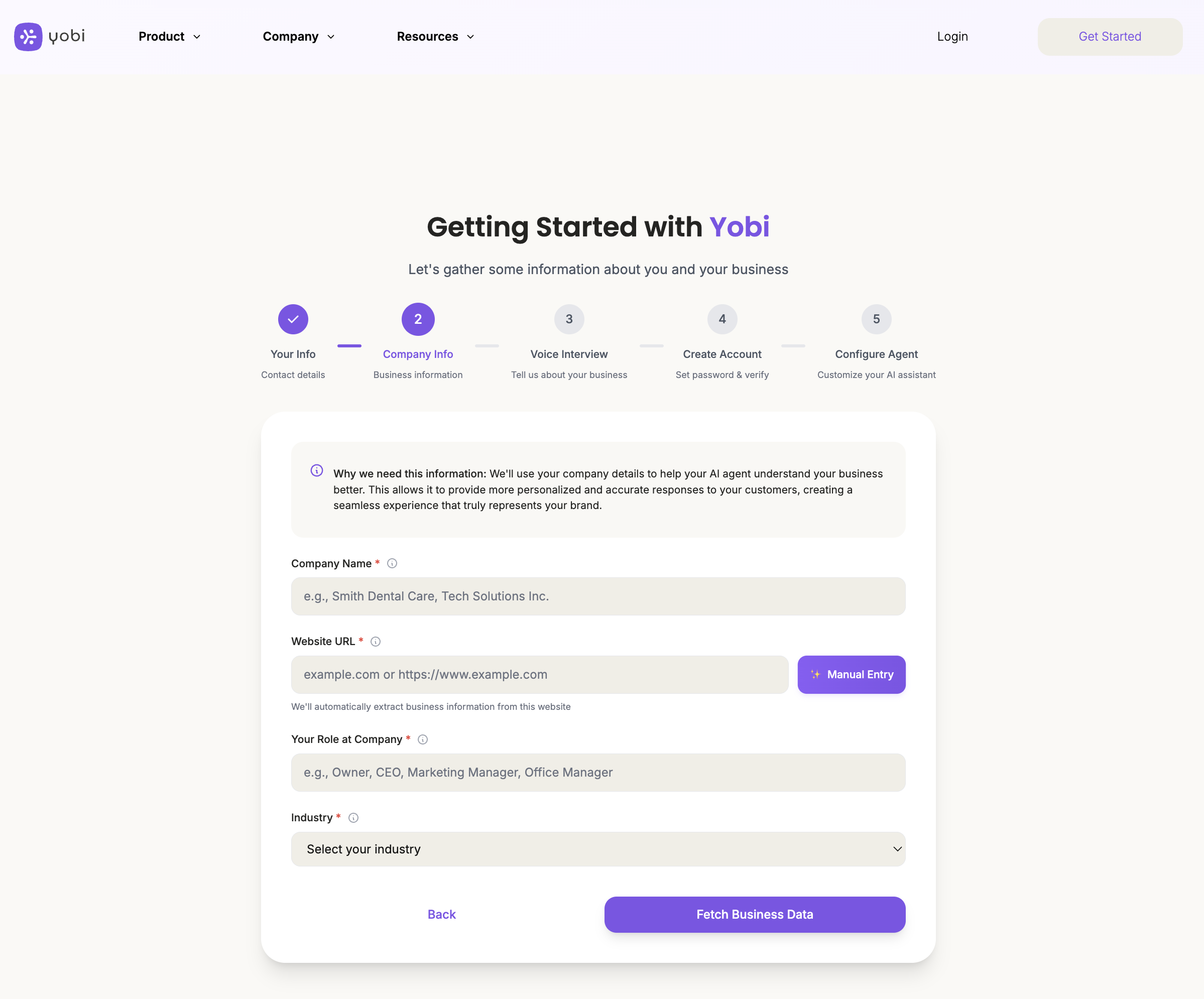 Company information form with business details and website URL