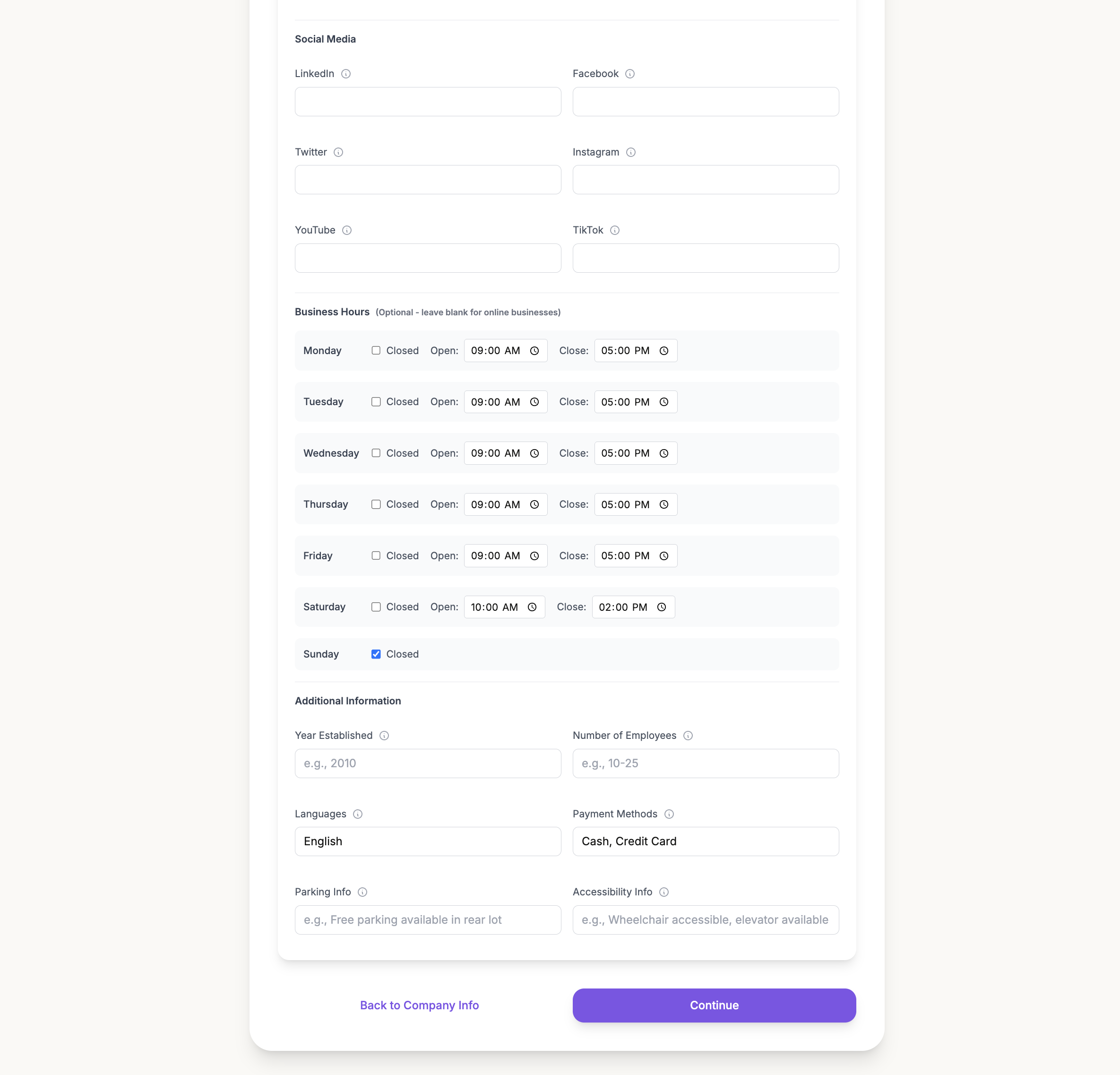 Additional business details and social media information