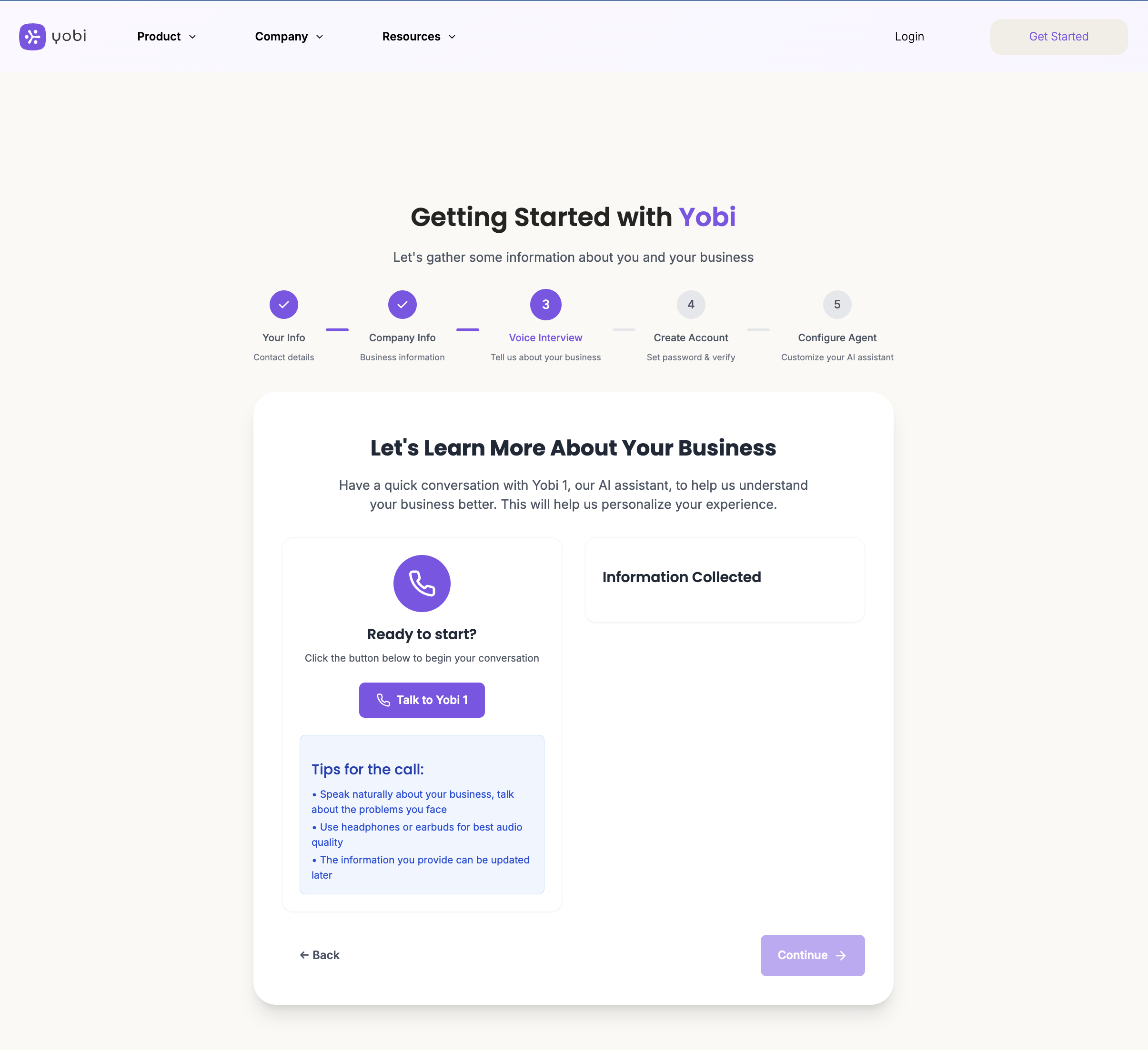 Voice interview setup screen with tips and ready to start button