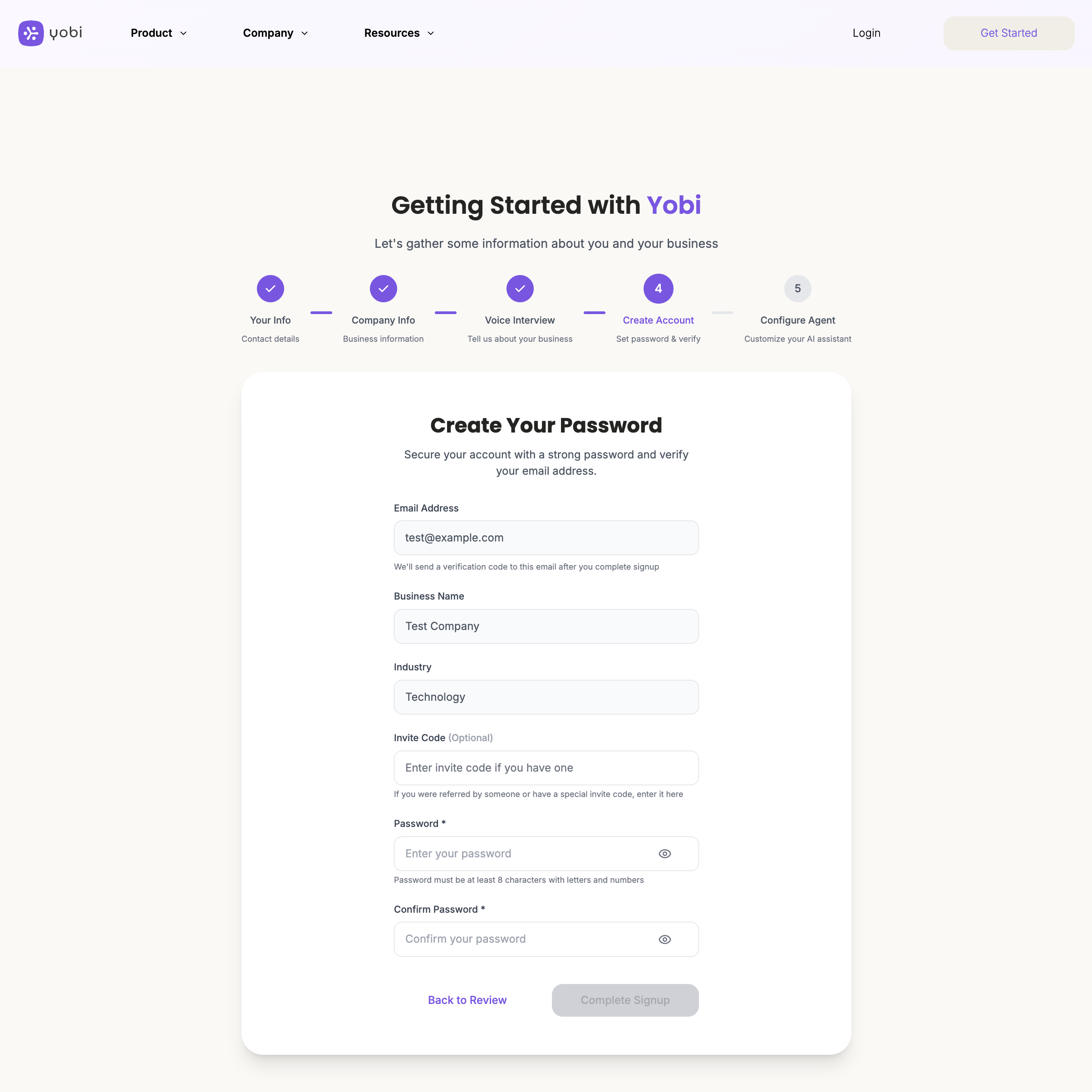 Password creation form with account details