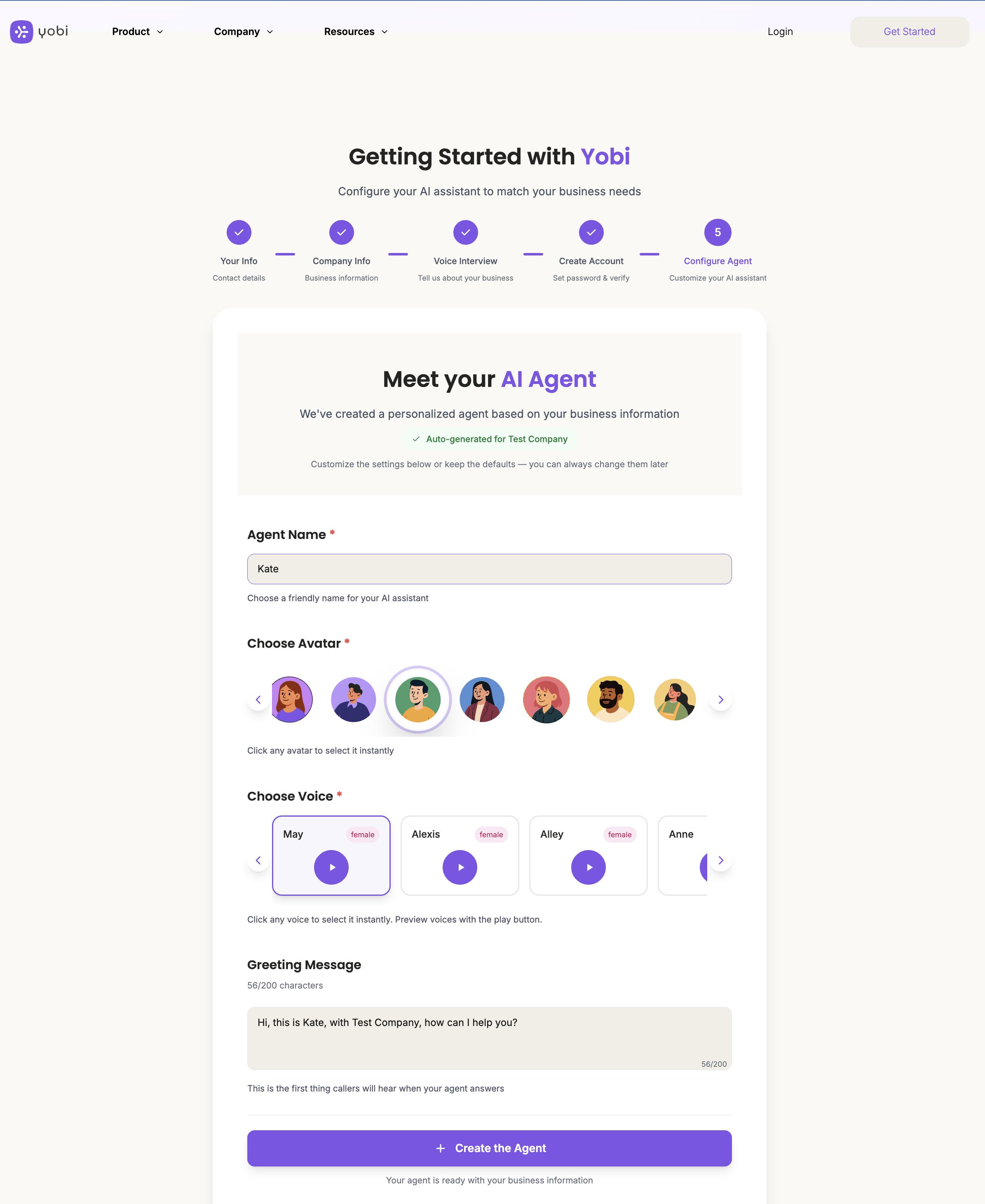 Agent customization interface with name, avatar, and voice options