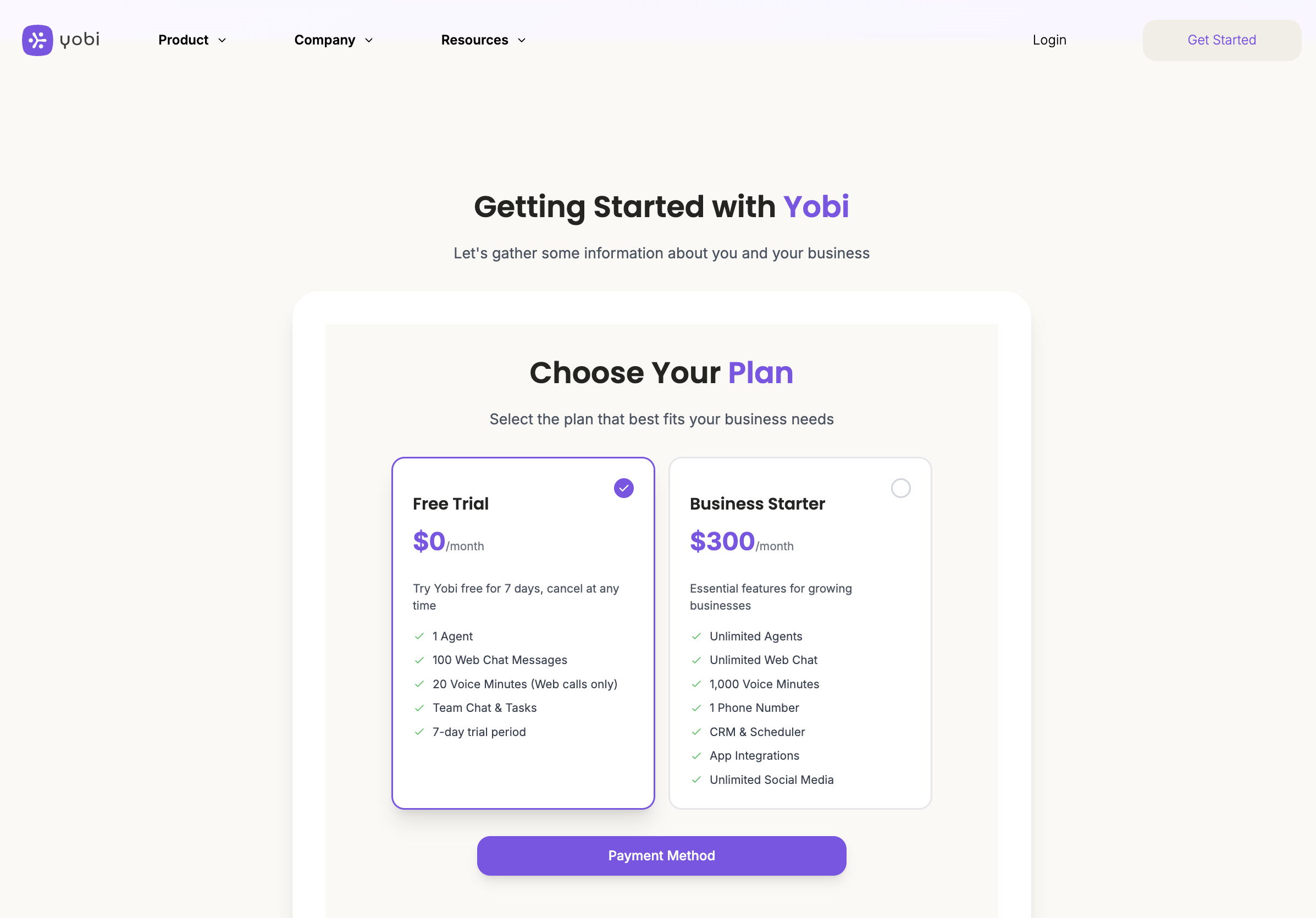 Plan selection showing Free Trial and Business Starter options
