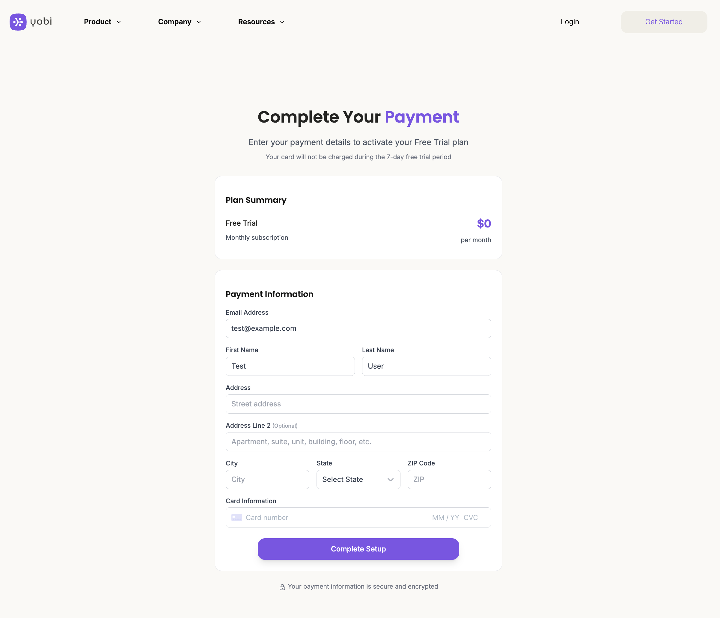 Payment form with billing information and credit card details
